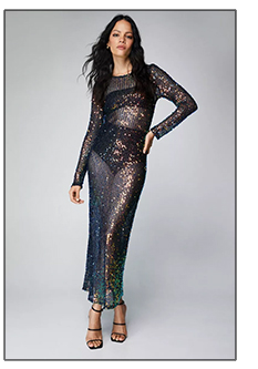 Sequin Sheer Long Sleeve Maxi Dress