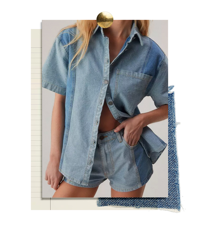 Color Block Denim Short Sleeve Shirt