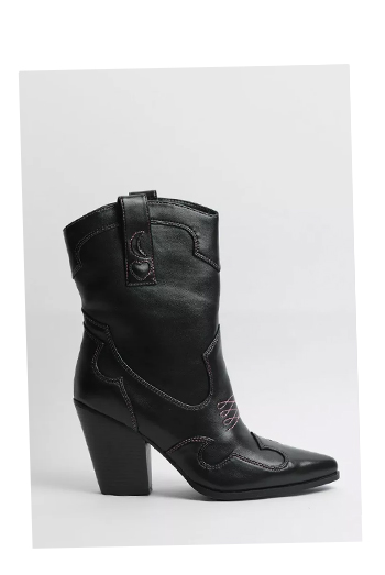 Faux Leather Contrast Embroidery Ankle Western Boot