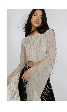 Flare Sleeve Tassel Sequin Crop Top