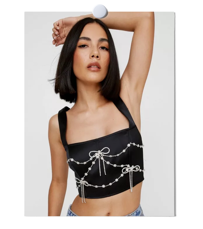 Bow Embellished Satin Trim Bustier Top