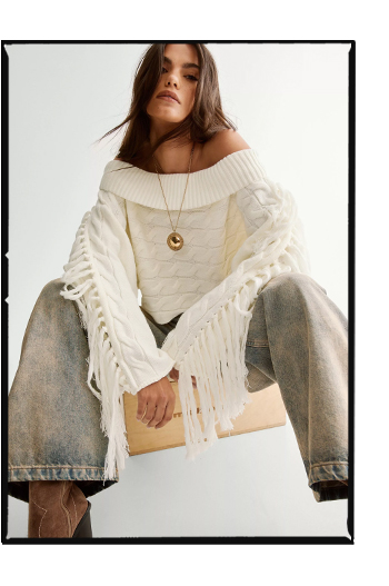 Off Shoulder Cable Fringed Sweater