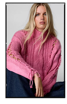 Cable Funnel Neck Lace Up Sweater