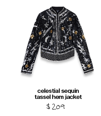 celestial sequin tassel hem jacket