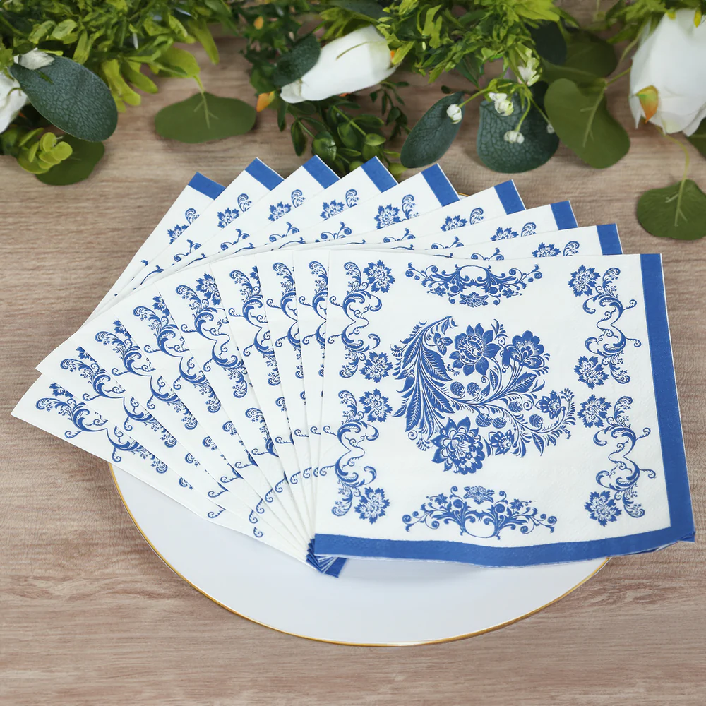 2-Ply Paper Cocktail Napkins in White Royal Blue 