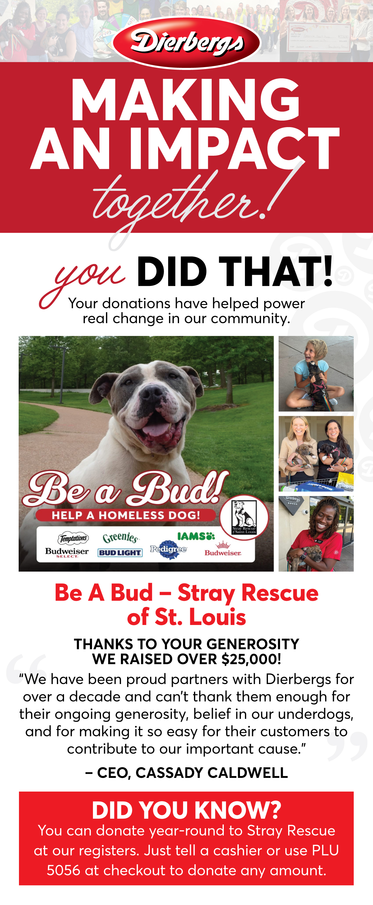 Making an impact together with Dierbergs! You did that! Your donations have helped power real change in our community. Be a Bud raised over $25,000 for Stray Rescue of St. Louis thanks to your generosity.