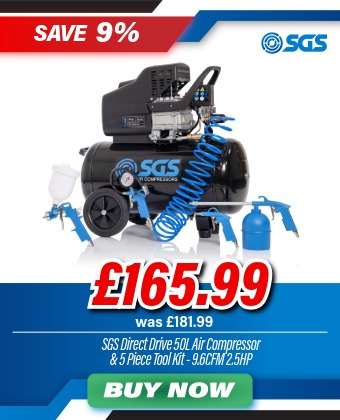 SGS 50 Litre Direct Drive Air Compressor & 5 Piece Tool Kit - 9.6CFM 2.5HP 50L