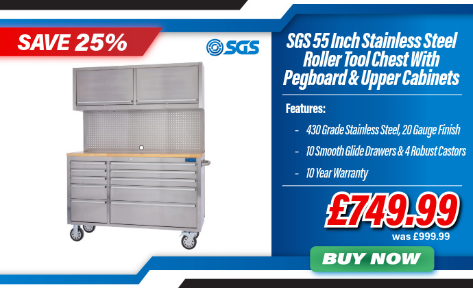 SGS 55in 10 Drawer Stainless Steel Roller Work Bench with Drawers and Upper Cabinets