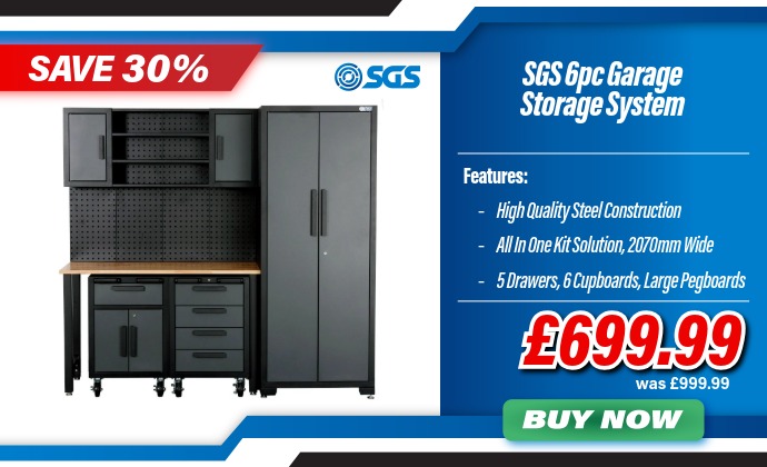 SGS 6pc Garage Storage System - Work Bench, Wheeled Cabinets, Wall Shelving & Side Cabinet
