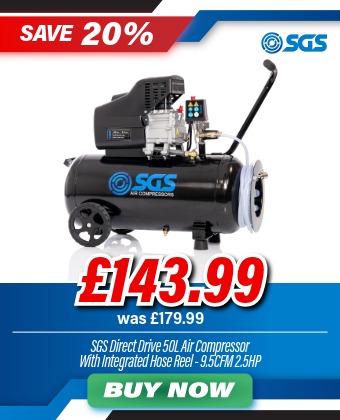 SGS 50 Litre Direct Drive Air Compressor With Integrated Hose Reel - 9.5CFM 2.5HP 50L