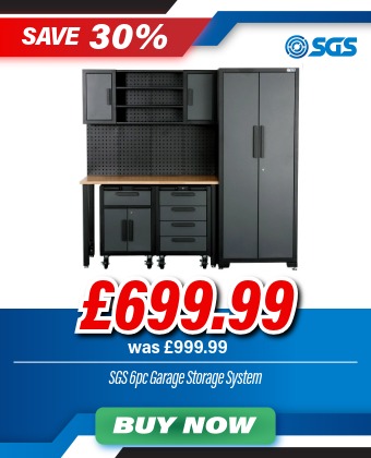 SGS 6pc Garage Storage System - Work Bench, Wheeled Cabinets, Wall Shelving & Side Cabinet