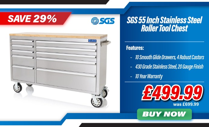 SGS 55in Stainless Steel 10 Drawer Mobile Work Bench and Tool Cabinet