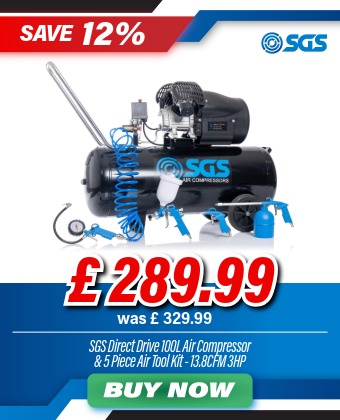 SGS 100 Litre Direct Drive Air Compressor & 5 Piece Tool Kit - 13.8CFM 3.0HP 100L