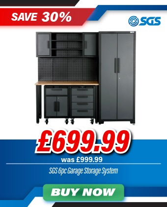 SGS 6pc Garage Storage System - Work Bench, Wheeled Cabinets, Wall Shelving & Side Cabinet