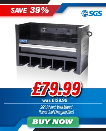 SGS 22in Wall Mounted Power Tool Storage Rack and Charging Station | 5 Slots | Drawer