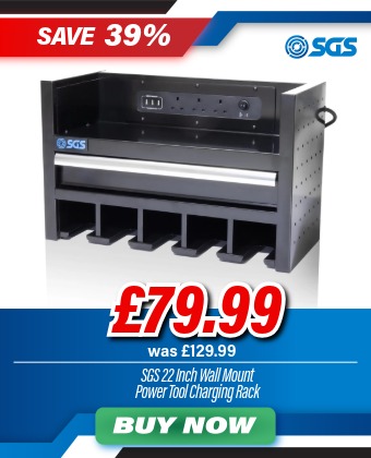 SGS 22in Wall Mounted Power Tool Storage Rack and Charging Station | 5 Slots | Drawer