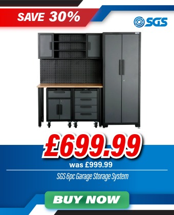 SGS 6pc Garage Storage System - Work Bench, Wheeled Cabinets, Wall Shelving & Side Cabinet