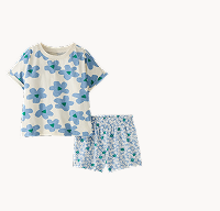 T-Shirt & Shorts Set | Blue Flowers on Ecru T-Shirt & Shorts Set | Blue Flowers on Ecru