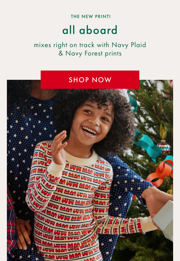 THE NEW PRINT! all aboard mixes right on track with Navy Plaid & Navy Forest prints | SHOP NOW