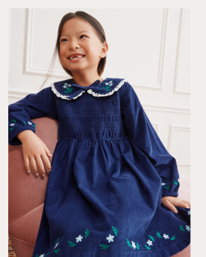 Balloon Sleeve Collared Corduroy Dress with Pockets