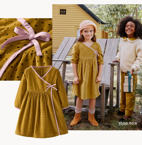 Balloon Sleeve Corduroy Wrap Dress with Pockets | Tiny Dots on Tapenade