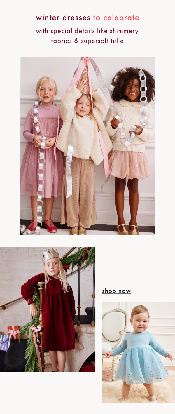 winter dresses to celebrate with special details like shimmery fabrics & supersoft tulle | shop now