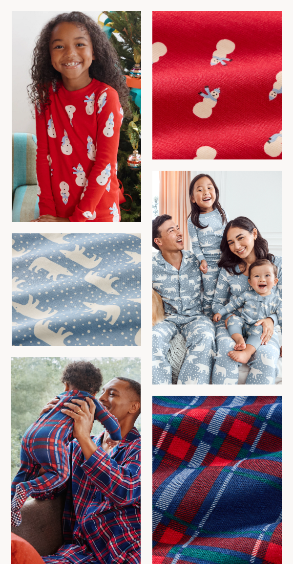 Snowmen on Red, Snowy Polar Bear on North Air, and Navy Plaid pajama prints