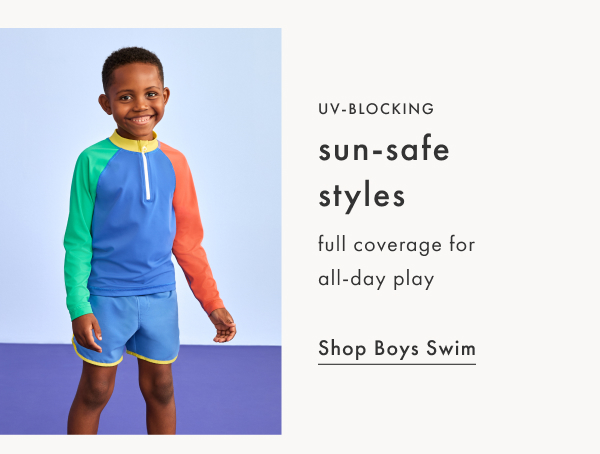 UV-Blocking sun-safe styles. Full coverage for all-day play. Shop Boys swim.