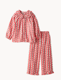 Tree Ribbons on Pink Holiday Flannel Ruffle Pajama Set