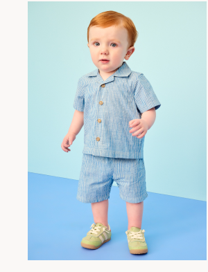 Baby Poplin Button Up Shirt & Shorts Set | Swedish Sky/Ecru