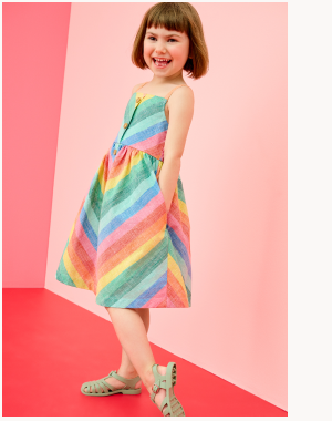 Sleeveless Poplin Midi Dress with Pockets | Bright Rainbow Stripe