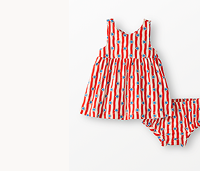 Baby Bow Back Dress & Bloomers Set | Flowers on Tangy Red Stripes