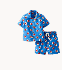 Baby Poplin Button Up Shirt & Shorts Set | Red Flowers on Swedish Sky