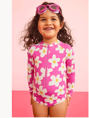 One-Piece Rashguard Swimsuit | Ecru Flowers on Pink