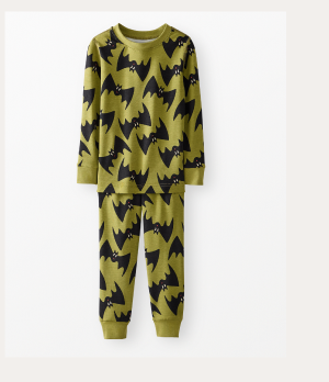 Kids Halloween HannaSoft™ Stretch Long John Pajama Set | Batty on Moss Green