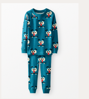 Kids Halloween Long John Pajama Set |  Monster Face on Atlantic Blue