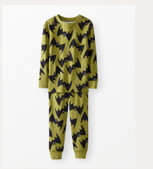 Kids Halloween HannaSoft™ Stretch Long John Pajama Set | Batty on Moss Green