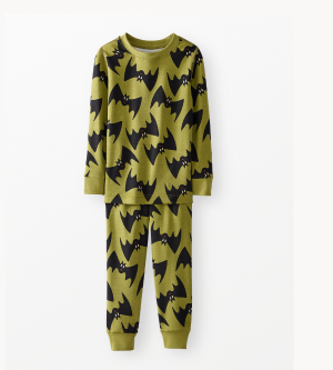 Kids Halloween HannaSoft™ Stretch Long John Pajama Set | Batty on Moss Green