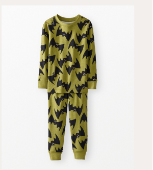 Kids Halloween HannaSoft™ Stretch Long John Pajama Set | Batty on Moss Green Kids Halloween HannaSoft™ Stretch Long John Pajama Set | Batty on Moss Green