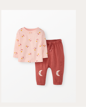 Baby Long Sleeve T-Shirt & French Terry Pants Set |  Sun, Moon and Stars on Pink Cream
