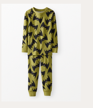 Kids Halloween HannaSoft™ Stretch Long John Pajama Set | Batty on Moss Green