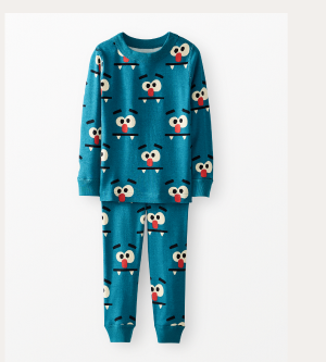 Kids Halloween Long John Pajama Set |  Monster Face on Atlantic Blue
