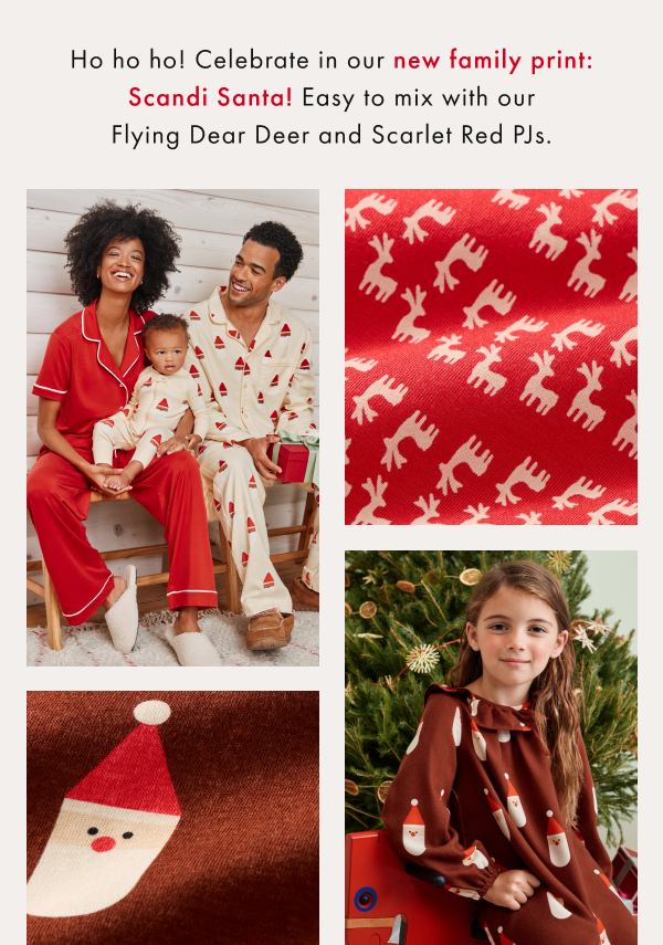 Ho ho ho! Celebrate in our new family print: Scandi Santa! Easy to mix with our Flying Dear Deer and Scarlet Red PJs.