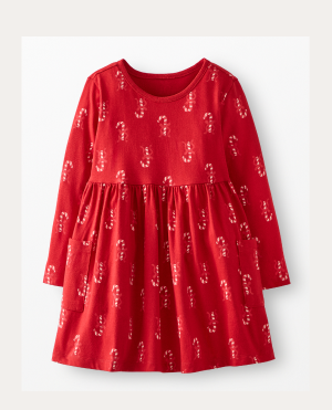 Holiday Long Sleeve Playground Dress with Pockets | Cheerful Candy Canes on Red