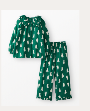 Holiday Ruffle Flannel Pajama Set | Happy Trees on Green