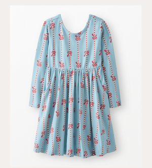 Holiday Long Sleeve Skater Dress with Pockets | Red Bows and Ribbons on Blue