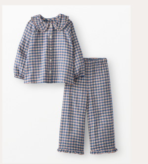 Holiday Ruffle Flannel Pajama Set | Blue Checkered Plaid