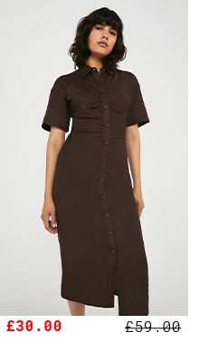 Linen Mix Ruched Front Midi Shirt Dress