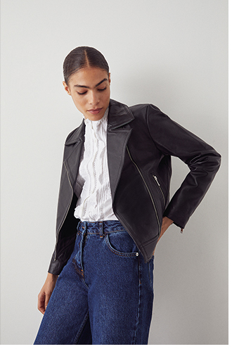 Real Leather Stitched Collar Cropped Biker Jacket