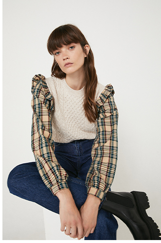 Woven Sleeve Cable Knit Jumper